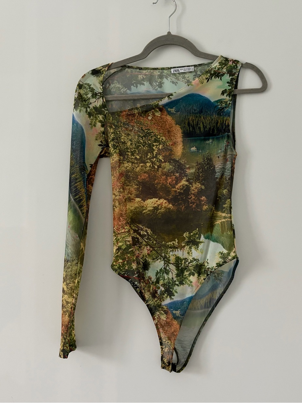 Zara Tulle One Shoulder Nature Forest Green Printed Sheer Mesh Bodysuit M NWOT